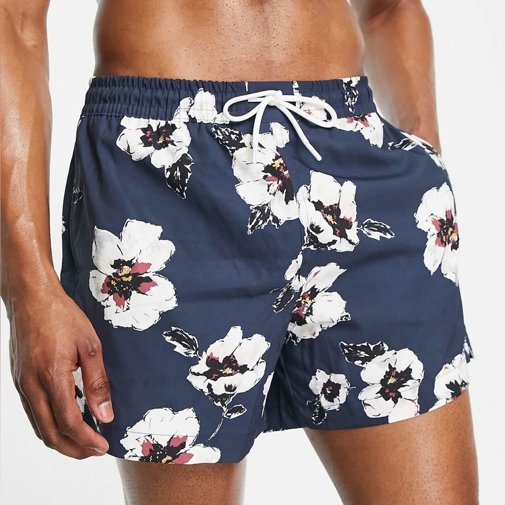 Abercrombie & Fitch Navy and White Floral Swim Trunks